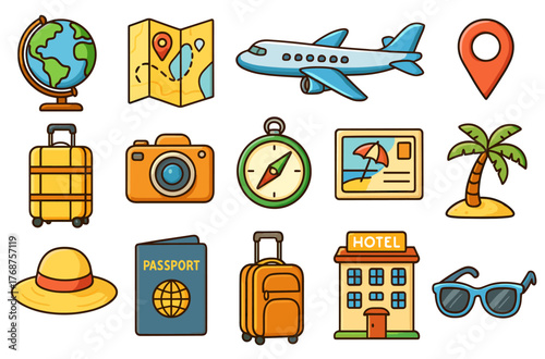 Travel icons featuring airplane, luggage, and passport for vacation and adventure enthusiasts