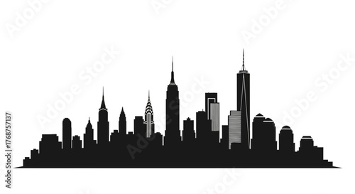 Black and white silhouette of the New York City skyline highlighting iconic buildings and structures
