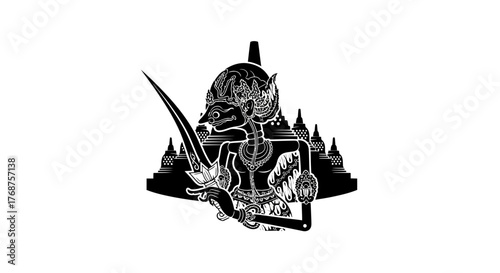 Detailed Monochrome Illustration of Wayang Kulit Shadow Puppet with Borobudur
