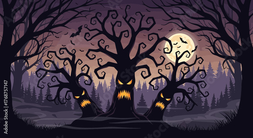 Spooky Halloween Night Forest with Eerie Trees and Bats Under a Full Moon