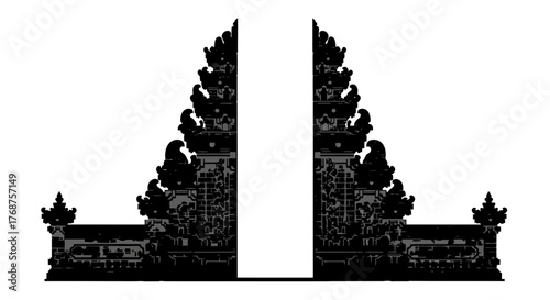 Monochromatic silhouette of a traditional Balinese gate showcases architectural details and