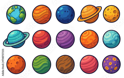 Colorful cartoon planets: variety of celestial bodies with unique patterns