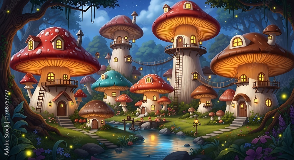 Fototapeta premium Colorful red and white mushroom houses in a fantasy forest at night illustration
