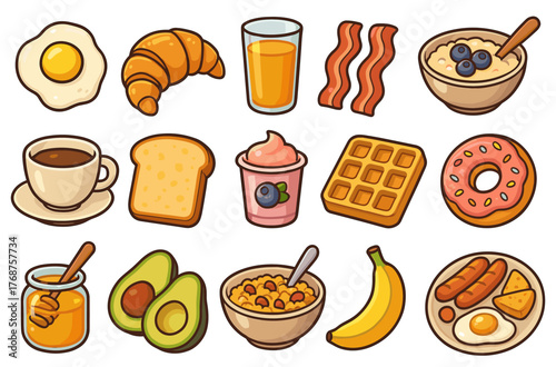 Assorted breakfast items including bacon, eggs, croissant, and oatmeal with blueberries