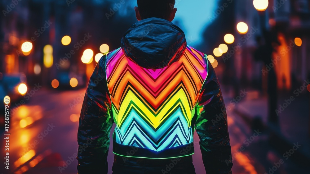 Obraz premium Colorful reflective vest worn by a person walking on a city street at dusk with glowing lights
