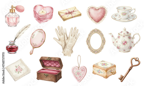 Watercolor Set of Vintage Romantic and Shabby Chic Accessories