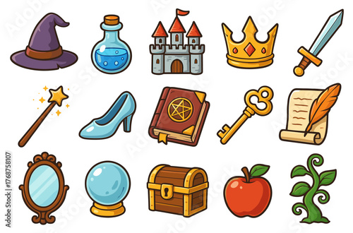 Fantasy icons collection with hat, potion, castle, crown, and sword