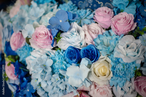 Blue and pink rose flower bouquet texture background