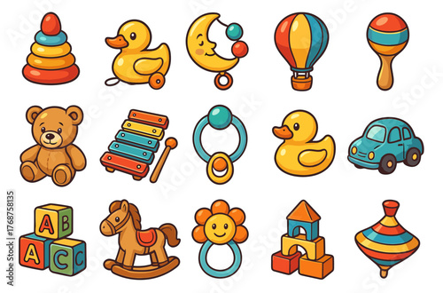 Colorful cartoon baby toys collection with ducks, blocks, and teddy bear
