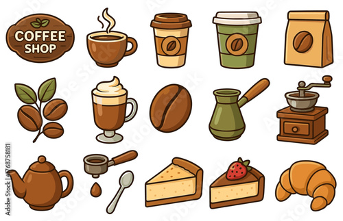 Charming coffee shop icons featuring cups, beans, grinder, and pastries