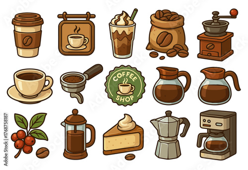 Coffee shop icons set featuring cups, beans, and brewing equipment