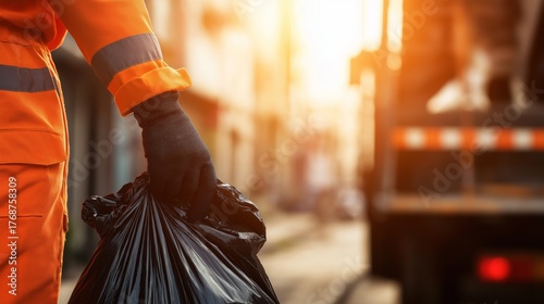 Sanitation worker in an orange uniform collecting a garbage bag. Close-up of a public service employee on a city street with a truck in the background. Waste management concept