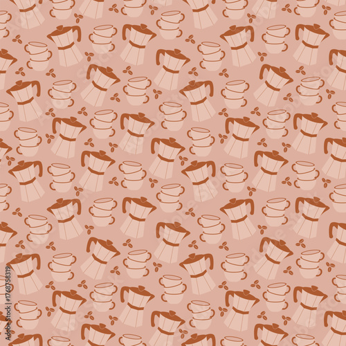 Seamless coffee pattern with cups, moka pots and beans. Warm cozy colors, simple design. Perfect for packaging, fabric, wallpaper, stationery and backgrounds.