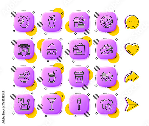 Takeaway coffee, Organic waste and Vegetables line icons. App 3d buttons. Social media comment, share, like icons. Pack of Food delivery, Martini glass, Champagne glass icon. Vector