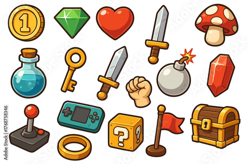 Colorful game icons collection featuring weapons, potions, and treasures