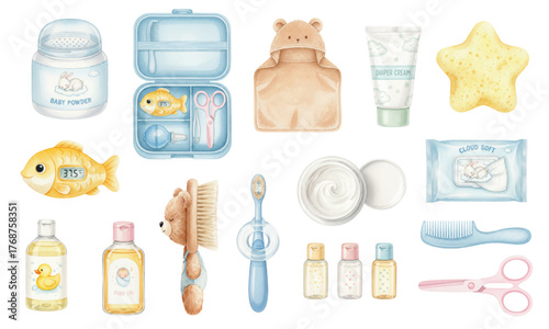 Watercolor Set of Baby Bath Time and Hygiene Care Products