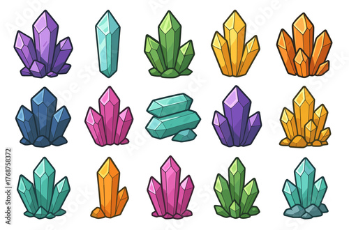 Colorful cartoon crystals on white background in various shapes and sizes