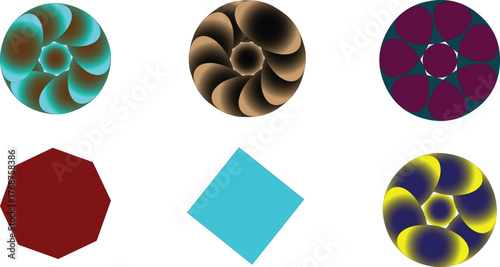 Six colorful geometric shapes, including circles and polygons, creating a visually diverse and eyecatching composition