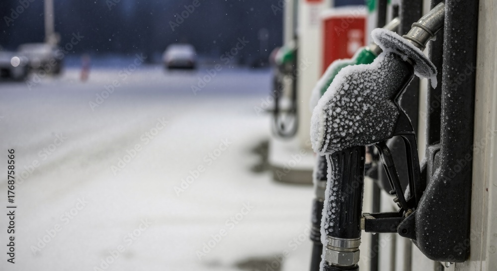 Naklejka premium A frozen gas pump nozzle covered in snow and frost at a petrol station. Cold winter weather and transportation concept with copy space