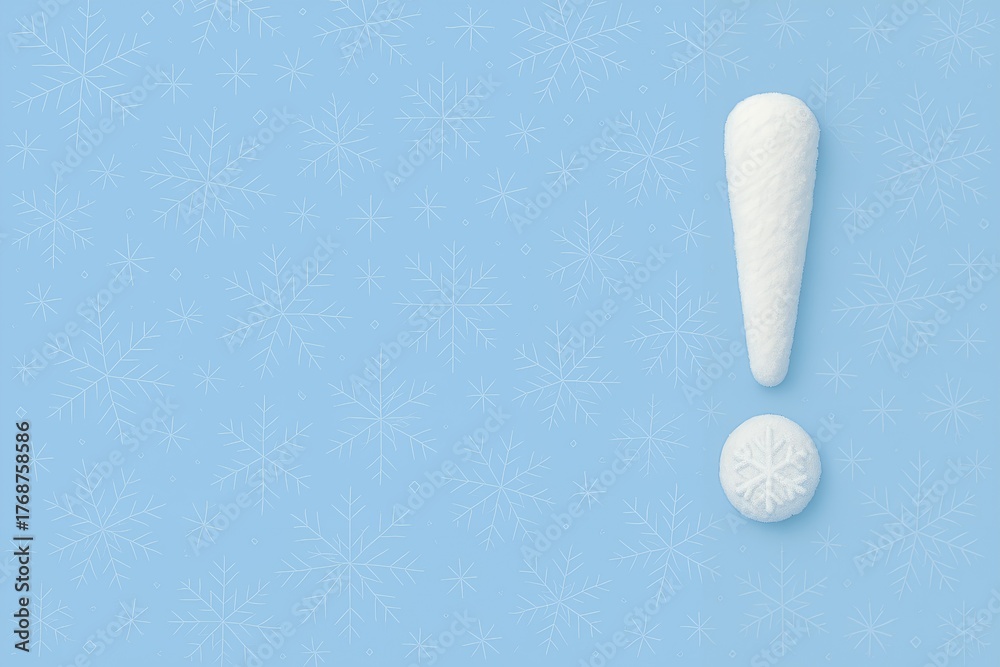 Obraz premium Winter Exclamation Mark Symbol Made of Snow and Snowflake on Light Blue Background