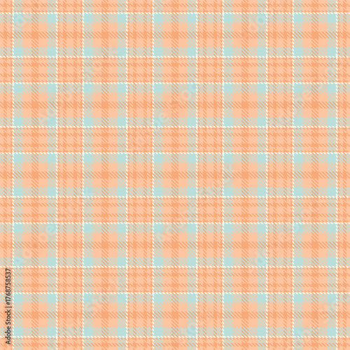 Soft, cozy plaid pattern in light orange and blue hues. Ideal for textile design, backgrounds, and adding a classic, comforting touch to any project. Versatile.