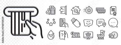 Stars, Bill accounting and Ram line icons for web app. Glare of light effect. Message icon. Pack of Dermatologically tested, Smile face, Shield pictogram icons. Vector