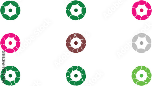 Nine colorful geometric shapes, featuring circles with petallike designs, creating a visually appealing and symmetrical pattern