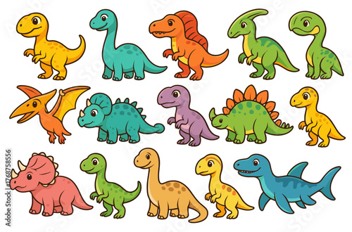 Colorful cartoon dinosaurs collection: cute and playful prehistoric creatures illustration