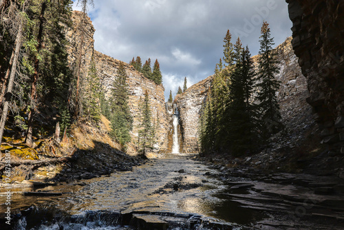 A stunning view of Bighorn falls near Ya Ha Tinda Ranch in Alberta, Canada