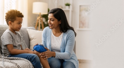 Caring Indian mother applying an ice pack to her young son's hurt knee. First aid for a childhood injury at home. Diverse family and parenting concept with copy space