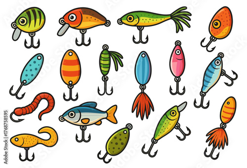 Colorful assorted fishing lures collection with hooks and patterns