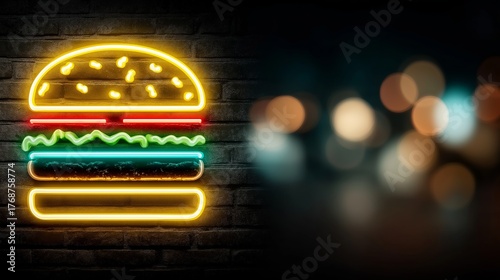Neon hamburger sign glowing on a dark brick wall. Retro fast food advertising banner with bokeh lights and space for text