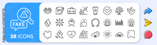 Verify, Sunscreen and Analysis graph line icons. Interest rate, AI generate, Inflation icons. Pack of Music, Portfolio, Puzzle icon. Flammable fuel, Mental health, Quick tips pictogram. Vector