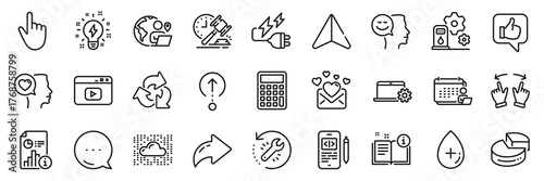 Move gesture, Cursor and Romantic talk line icons pack. Share, Message, Paper plane icons. Calculator, Oil serum, Recovery tool web icon. Outsource work, Love mail, Accounting pictogram. Vector