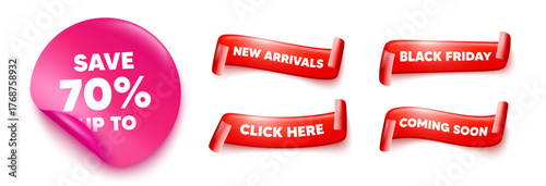 Discount sticker, offer ribbons. Black friday, coming soon. Save up to 70 percent tag. Discount Sale offer price sign. Special offer symbol. Pink sticker tag. Flag ribbon banners. Vector