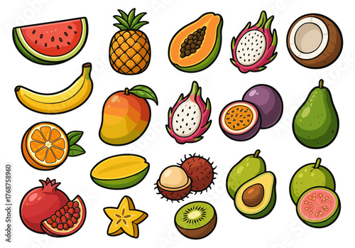 Colorful variety of tropical fruits including watermelon, pineapple, papaya, and avocado