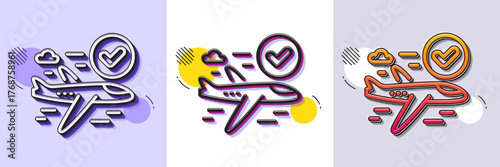 Confirmed flight line icon. Halftone dotted pattern. Gradient icon with grain shadow. Approved charter sign. Verified airplane symbol. Line confirmed flight icon. Various designs. Vector