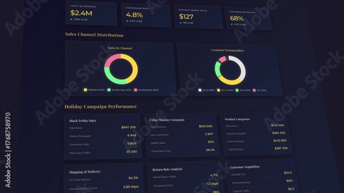 Executive dashboard with holiday campaign metrics and sales analytics display