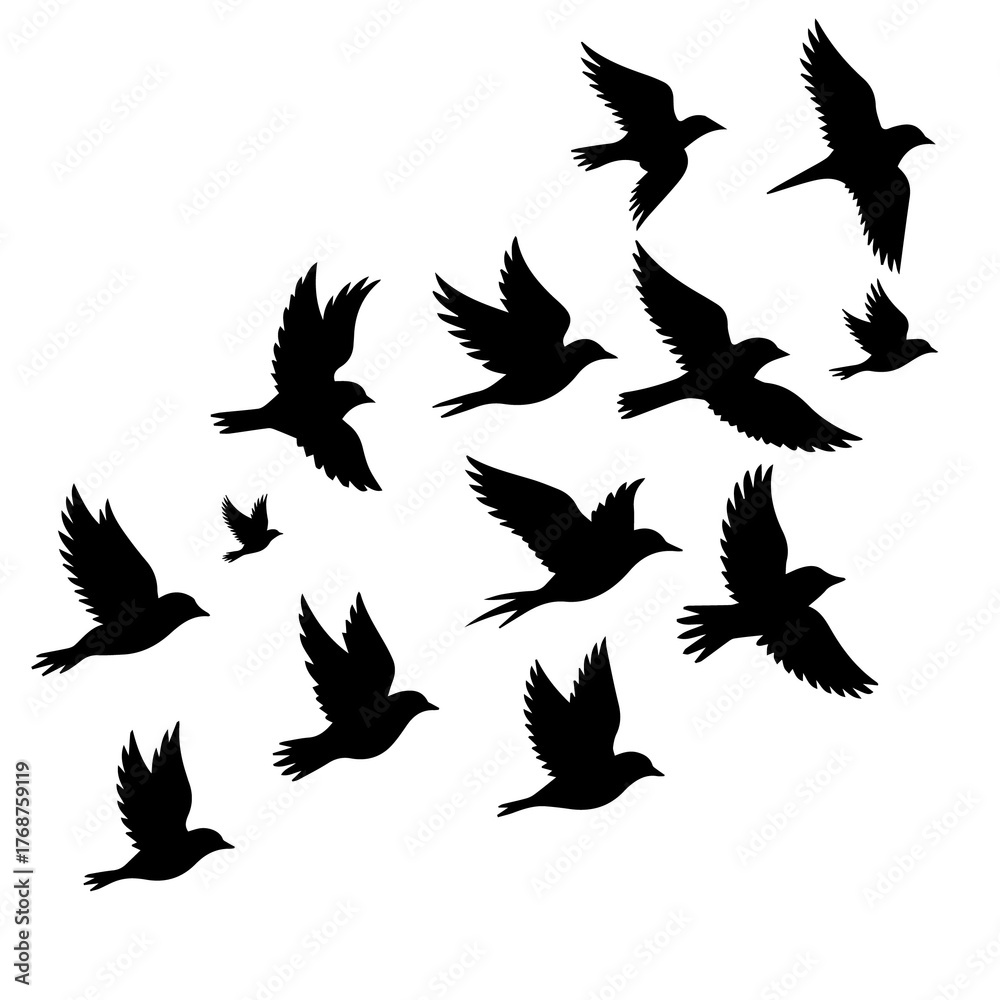 Obraz premium Elegant flock of birds soaring freely, symbol of hope and aspiration, conveys a sense of migration, perfect for inspirational designs and nature themed projects