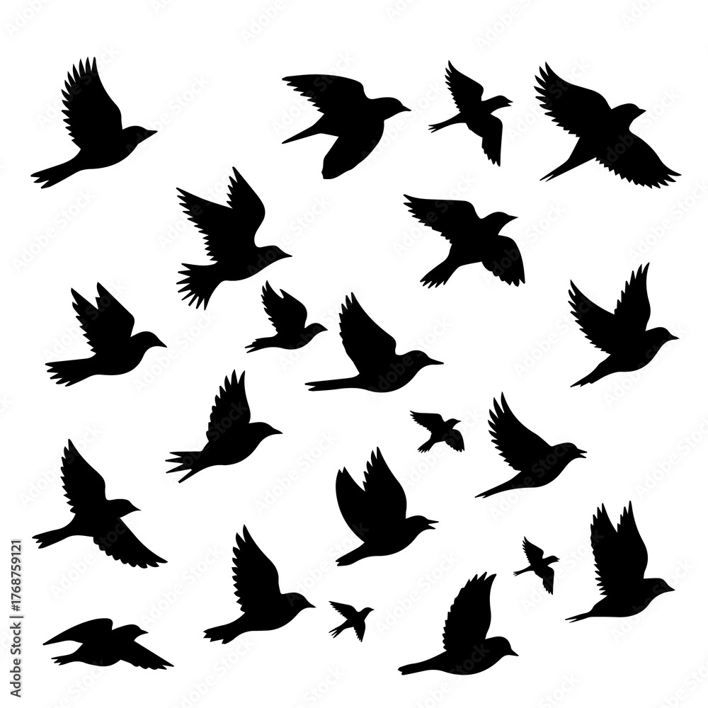 Obraz premium Elegant flock of flying birds silhouette art for freedom designs, migration projects, wildlife conservation campaigns, or peaceful nature themes, simple and bold