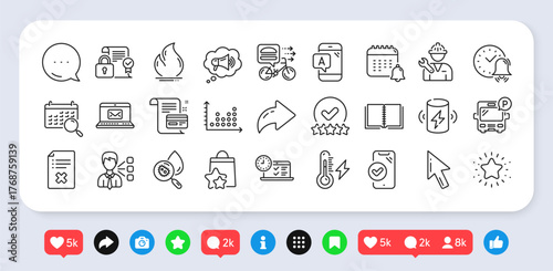 Bus parking, Online test and Alarm bell line icons pack. Social media: share, comment, like icons. Reject file, Book, Security contract web icon. Vector