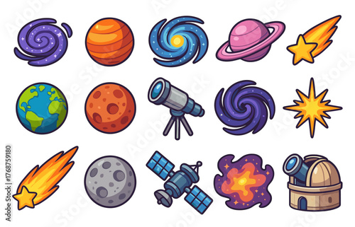 Colorful astronomy icons: planets, galaxies, telescopes, and stars