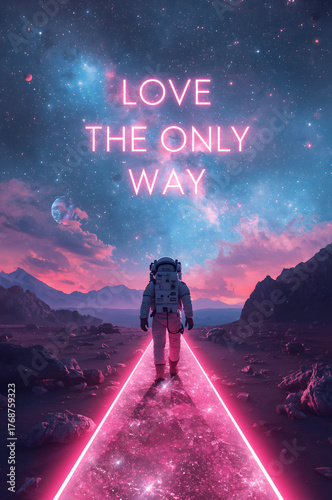 Astronaut Walking on Neon Path Under Cosmic Sky – “Love The Only Way” Inspirational Sci-Fi Artwork