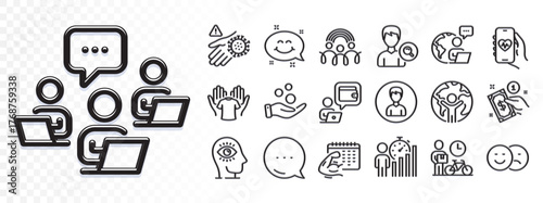 Outsource work, Hold t-shirt and Bike courier line icons for web app. Glare of light effect. Message icon. Pack of Donation money, Wallet, Smile chat pictogram icons. Vector