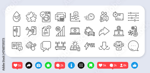 Filter, Chart and Communication line icons pack. Social media: share, comment, like icons. Star, Manual, Resume document web icon. Augmented reality, 5g wifi, Money calculator pictogram. Vector
