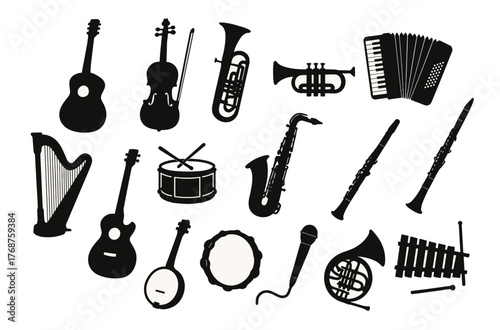 Collection of musical instrument silhouettes: guitar, violin, trumpet, saxophone, harp, drum
