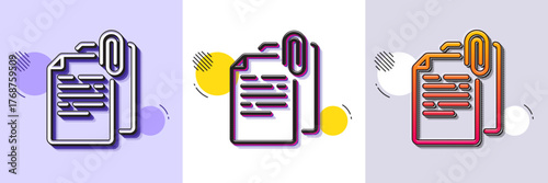 Document attachment line icon. Halftone dotted pattern. Gradient icon with grain shadow. File with paper clip sign. Office note symbol. Line document attachment icon. Various designs. Vector