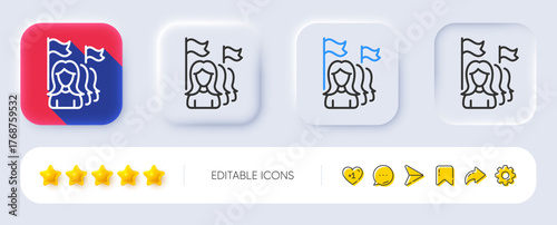 Feminism line icon. Neumorphic, Flat shadow, 3d buttons. Women protest sign. People with flags symbol. Line feminism icon. Social media icons. Vector