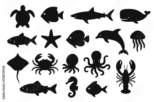 Silhouette collection of various aquatic animals including fish, whales, and crustaceans