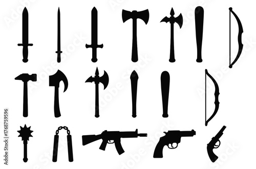 Silhouettes of various weapons: swords, axes, guns, and bows